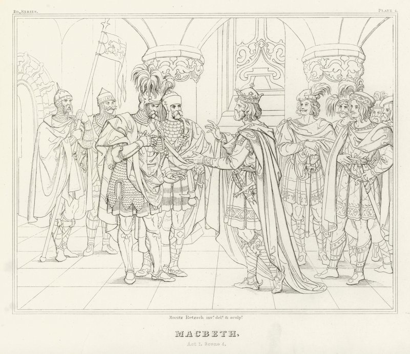 Macbeth, 1. akt, scene 4 (gravering) af Friedrich August Moritz Retzsch