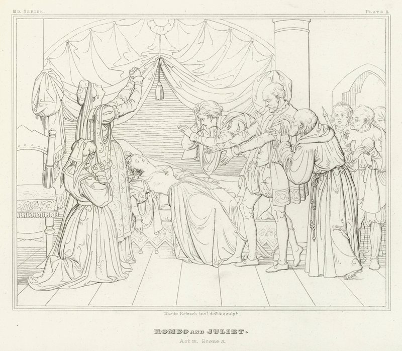 Romeo og Julie, akt IV, Scene 5 (gravering) af Friedrich August Moritz Retzsch