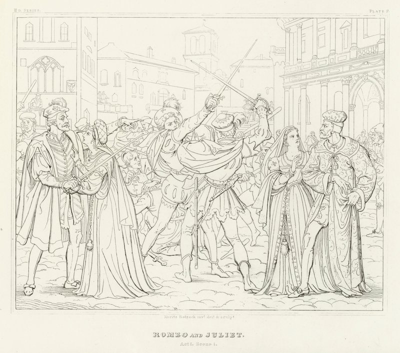 Romeo og Julie, 1. akt, scene 1 (gravering) af Friedrich August Moritz Retzsch