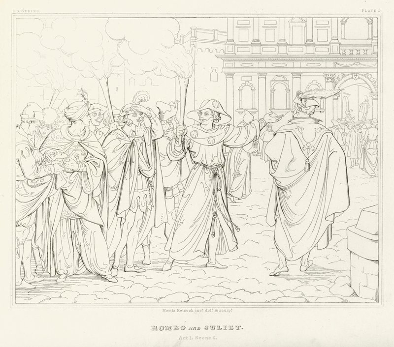 Romeo og Julie, 1. akt, scene 4 (gravering) af Friedrich August Moritz Retzsch