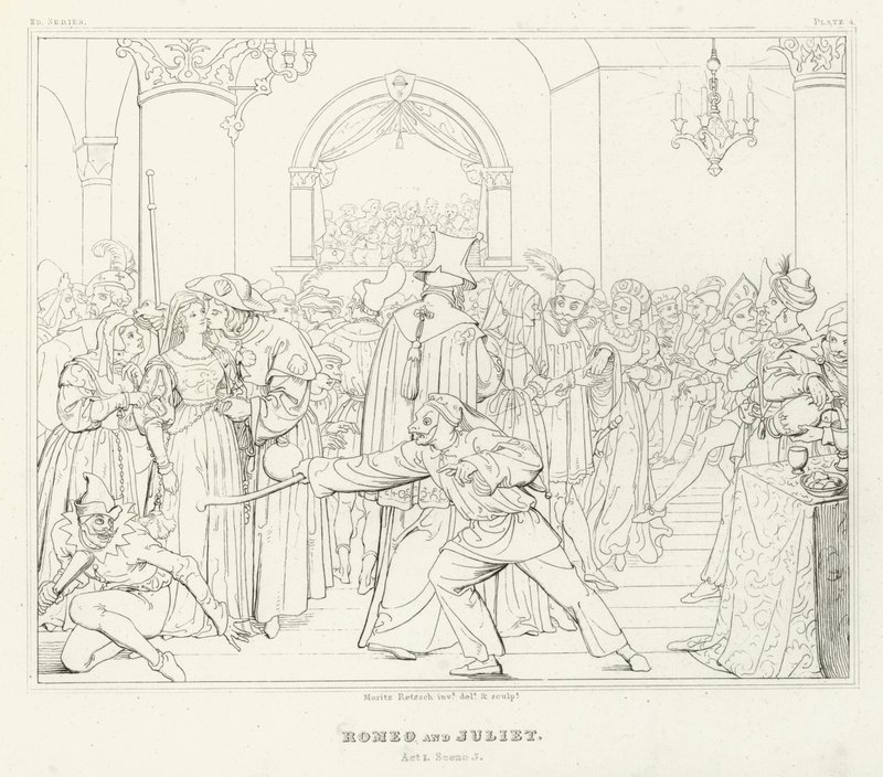 Romeo og Julie, 1. akt, scene 5 (gravering) af Friedrich August Moritz Retzsch