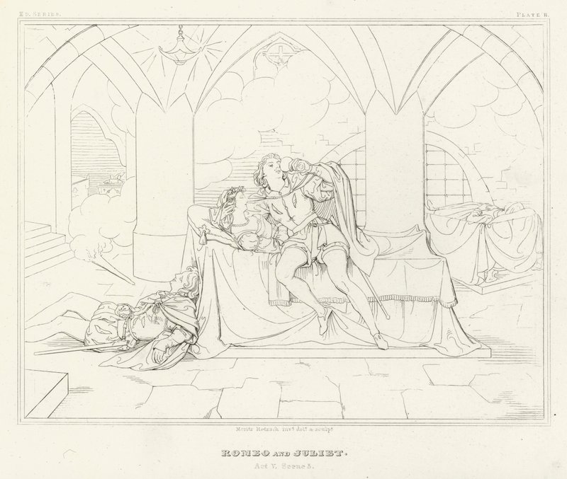 Romeo og Julie, 5. akt, scene 3 (gravering) af Friedrich August Moritz Retzsch