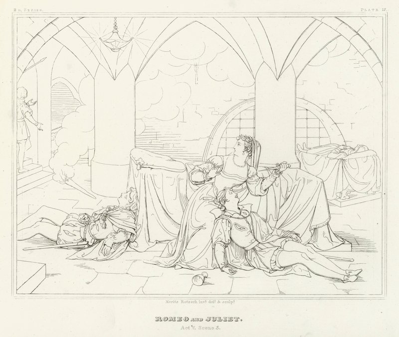 Romeo og Julie, 5. akt, scene 3 (gravering) af Friedrich August Moritz Retzsch