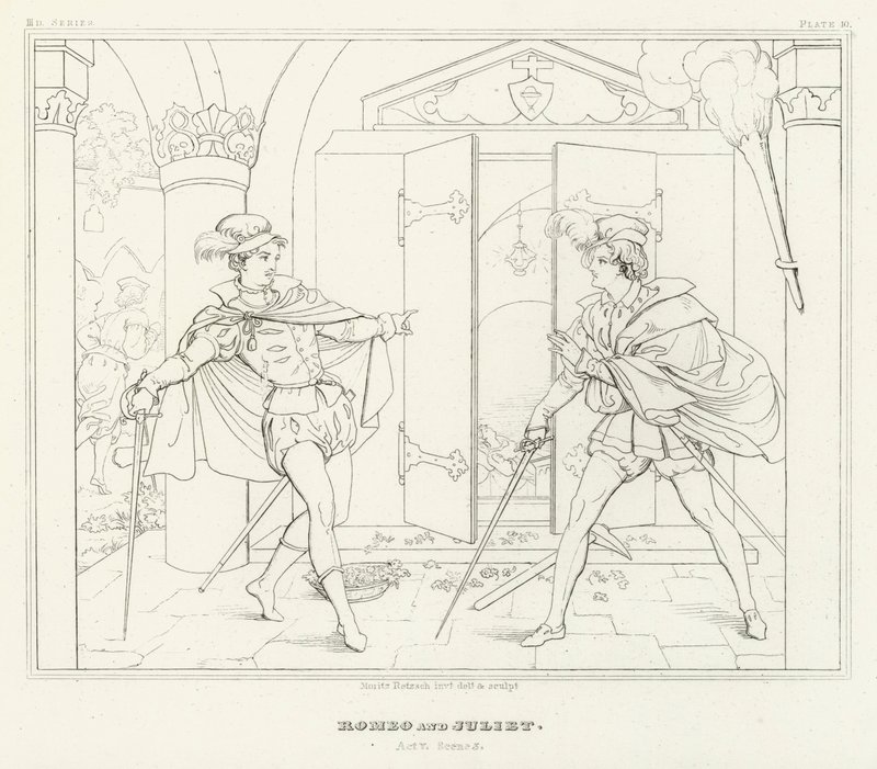 Romeo og Julie, 5. akt, scene 3 (gravering) af Friedrich August Moritz Retzsch
