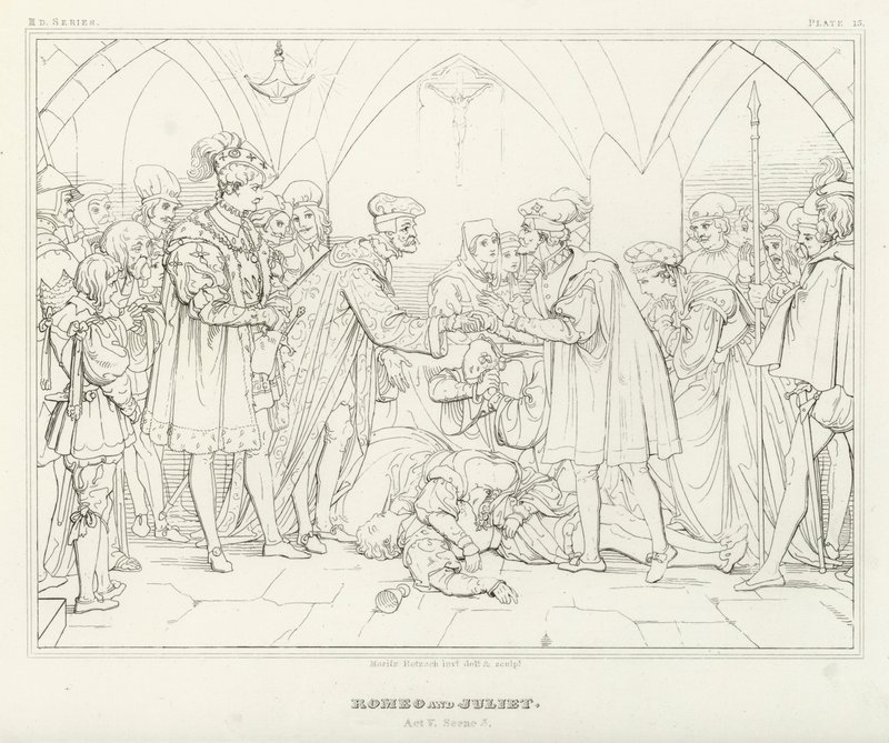 Romeo og Julie, 5. akt, scene 3 (gravering) af Friedrich August Moritz Retzsch