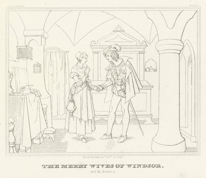 The Merry Wives of Windsor, Act III, Scene 4 (gravering) af Friedrich August Moritz Retzsch