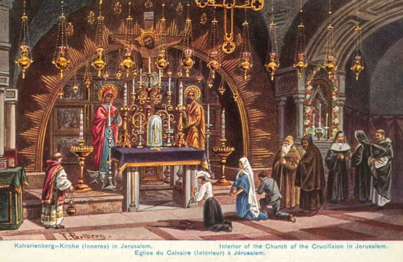Korsfæstelsens alter, Den Hellige Gravs Kirke, Jerusalem (farvelitografi) af Friedrich Perlberg