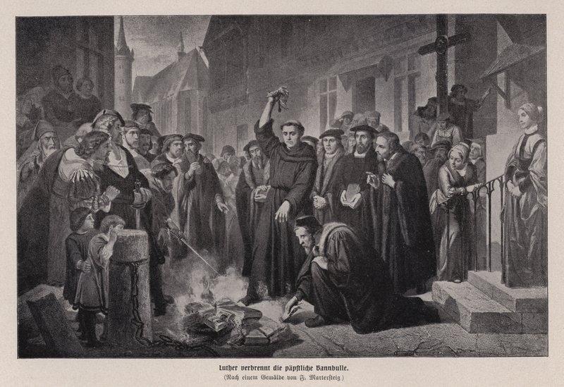 Martin Luther brænder den pavelige tyr i Wittenberg, Tyskland af Friedrich Wilhelm Heinrich Martersteig