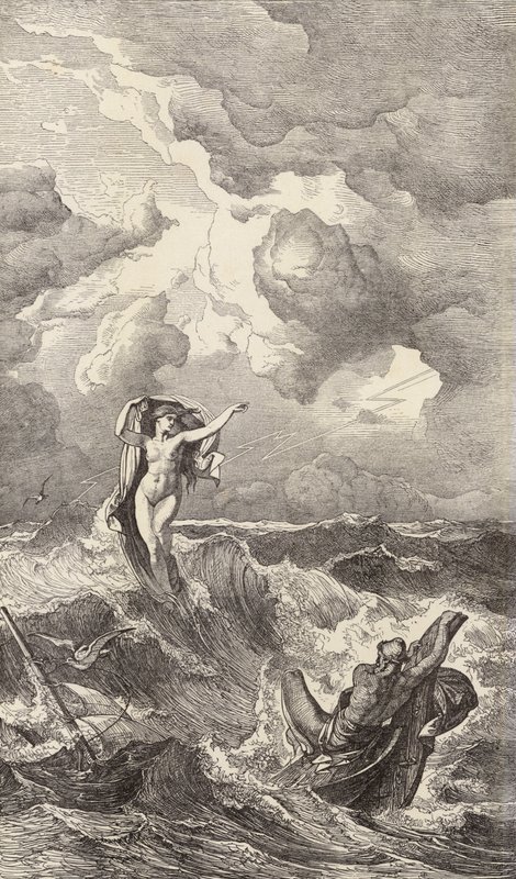 Leucothea og Odysseus (kobberstik) af Friedrich the Elder Preller