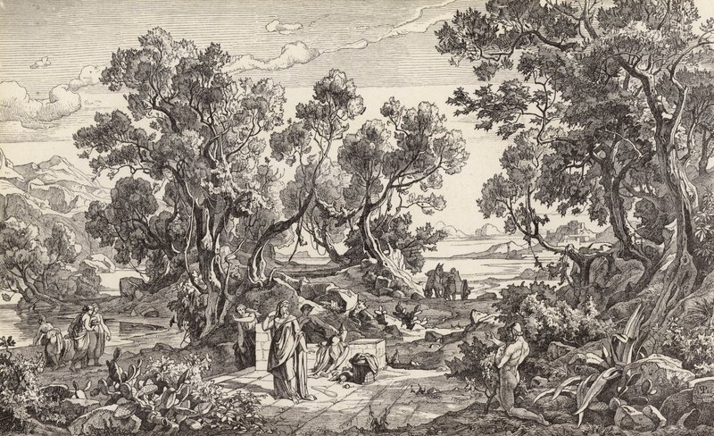 Nausicaa og Odysseus (kobberstik) af Friedrich the Elder Preller