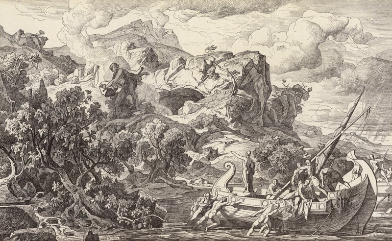 Odysseus forlader kyklopernes ø (kobberstik) af Friedrich the Elder Preller