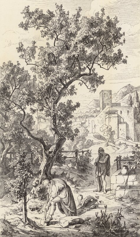 Odysseus besøger sin far Laertes (kobberstik) af Friedrich the Elder Preller