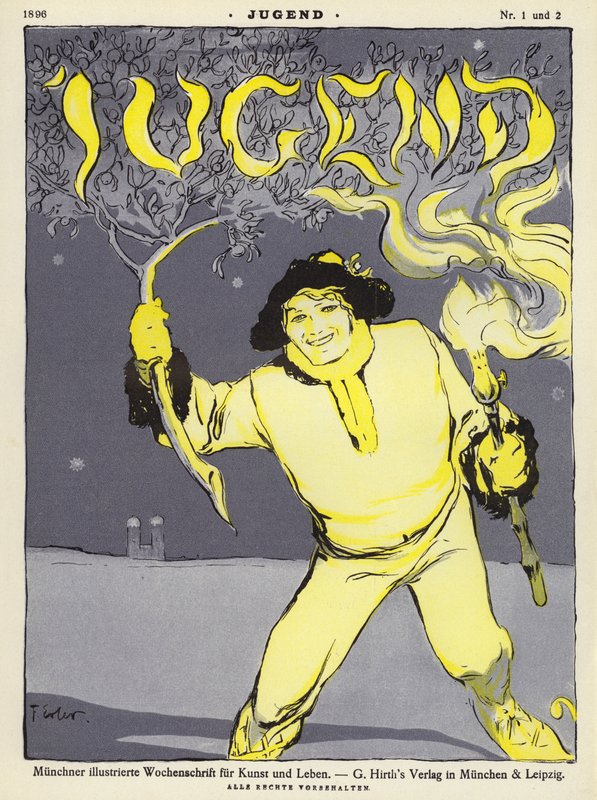 Mand holder en gren og en fakkel (farve litho) af Fritz Erler