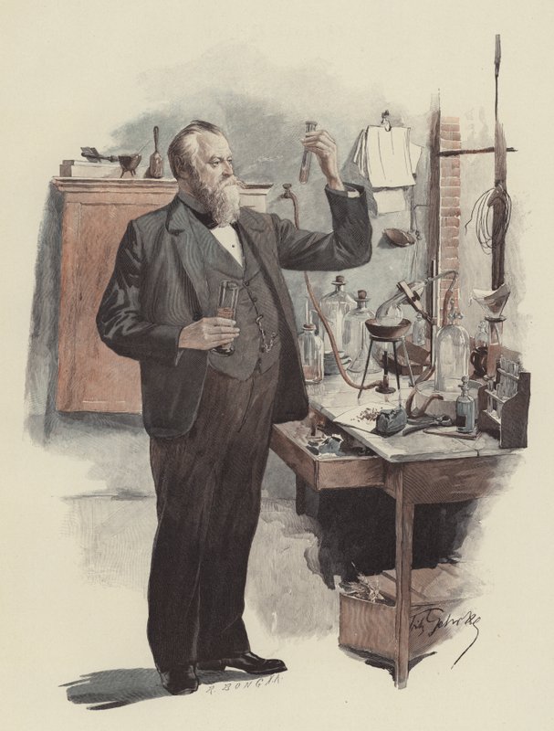 Kammersänger Albert Niemann som kemiker (Operasangeren Albert Niemann som kemiker) (farve litho) af Fritz Gehrke