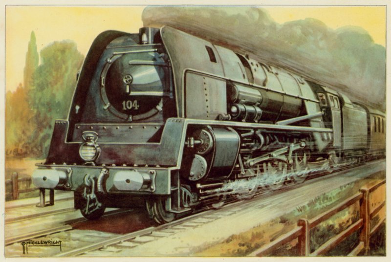 Belgiske nationale jernbaner, strømlinet eksprespassagerlokomotiv (farve litho) af G.P. Micklewright