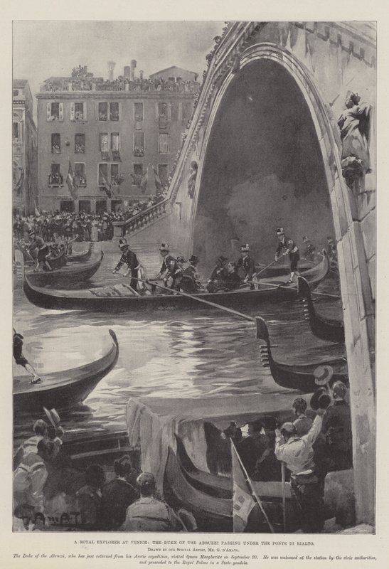 En kongelig opdagelsesrejsende i Venedig, hertugen af Abruzzi, der passerer under Ponte di Rialto af G.S. Amato