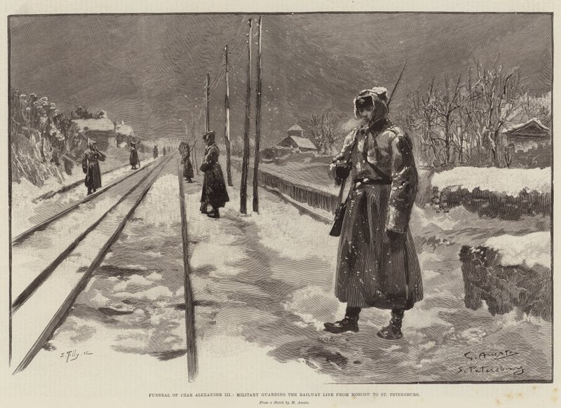 Begravelse af zar Alexander III, militæret, der bevogter jernbanelinjen fra Moskva til Sankt Petersborg af G.S. Amato