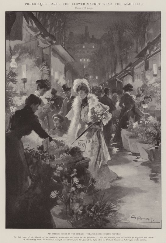 Maleriske Paris, blomstermarkedet nær Madeleine af G.S. Amato