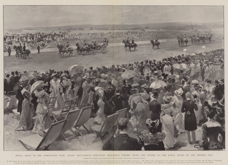 Royal Ascot i kroningsåret, dronning Alexandras semi-statslige procession, der passerer langs banen til den kongelige stand på åbningsdagen af G.S. Amato