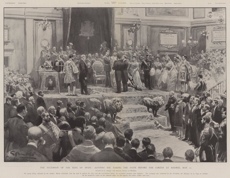 Spaniens konges tronbestigelse, Alfonso XIII aflægger ed foran Cortes i Madrid den 17. maj af G.S. Amato