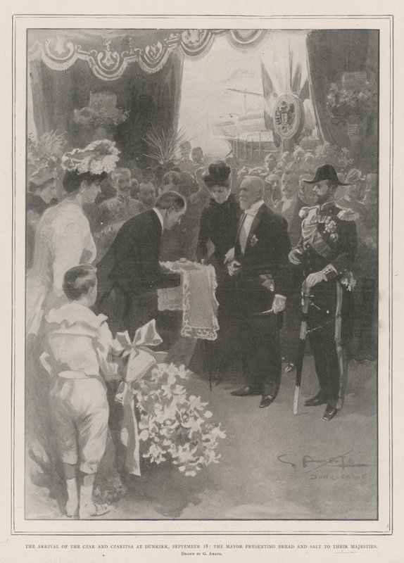 Czarens og Czaritsas ankomst til Dunkerque den 18. september, hvor borgmesteren præsenterer brød og salt til deres majestæter af G.S. Amato