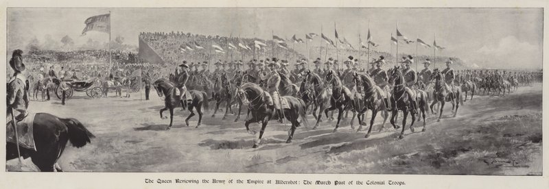 Dronningen gennemgår Imperiets hær i Aldershot, de koloniale troppers march forbi af G.S. Amato