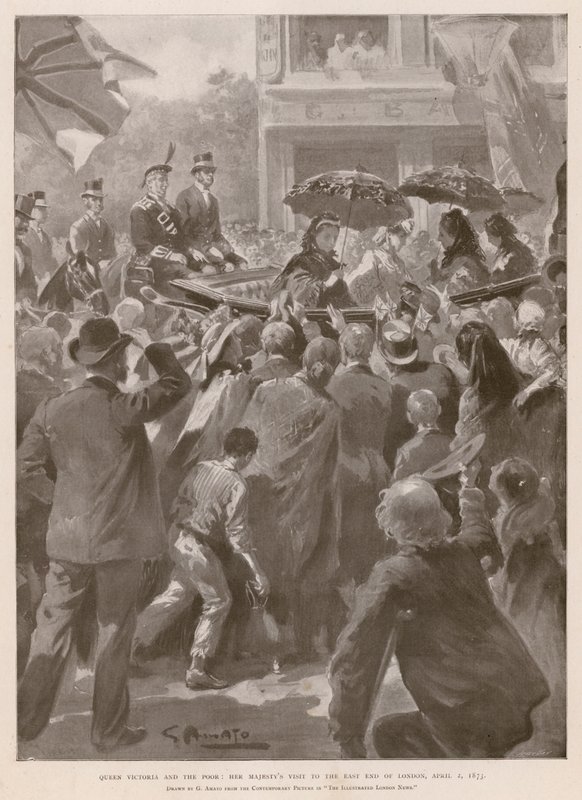 Dronning Victoria og de fattige: Dronningen besøger East End i London, 2. april 1873 (fotogravure) af G.S. (after) Amato