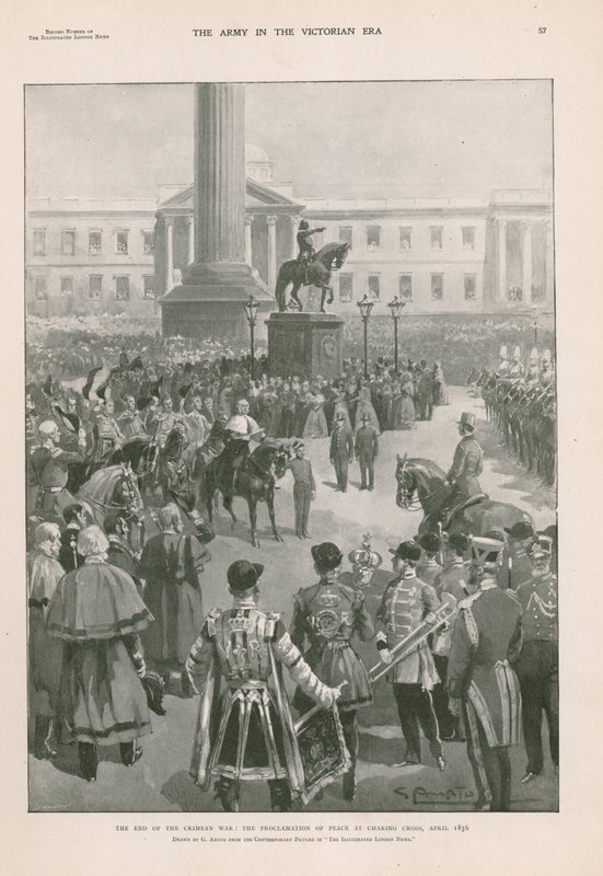 Afslutningen på Krimkrigen: proklamation af fred ved Charing Cross, London, april 1856 (fotogravure) af G.S. (after) Amato