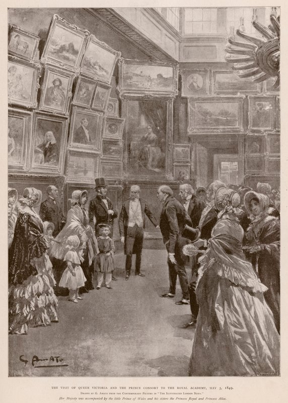 Besøg af dronning Victoria og Albert, Prince Consort til Royal Academy, London, 3. maj 1849 (fotogravure) af G.S. (after) Amato