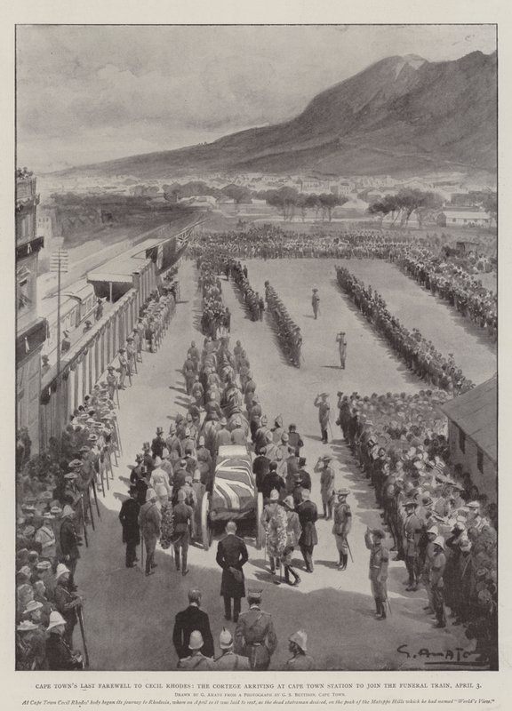 Cape Towns sidste farvel til Cecil Rhodes, Cortege ankommer til Cape Town Station for at deltage i begravelsestoget, 3. april af G.S. Amato