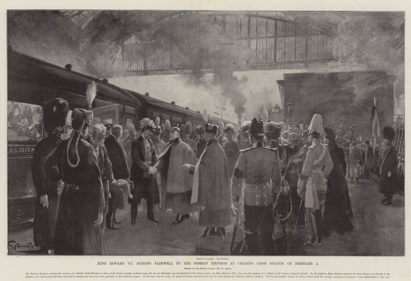 Kong Edward VII siger farvel til den tyske kejser på Charing Cross Station den 5. februar af G.S. Amato