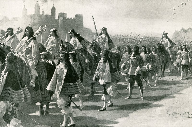 Den sidste procession fra tårnet: Charles II og hans følge på Tower Hill, 22. april 1661 af G.S. Amato