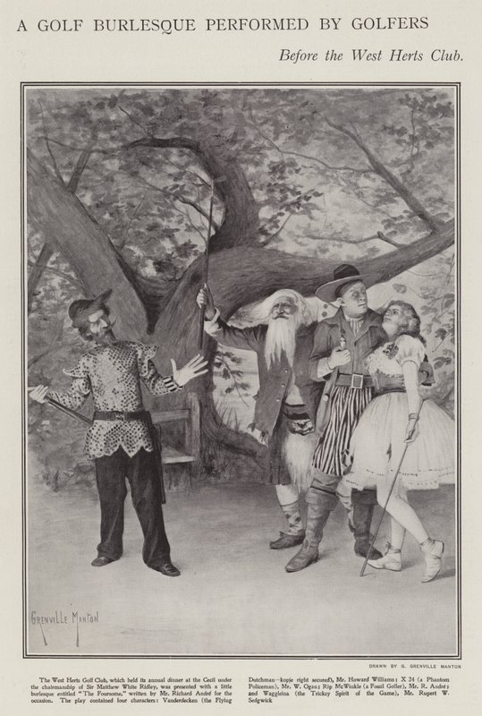 En golfburlesk udført af golfspillere ved West Herts Clubs årlige middag (litho) af G. Grenville Manton