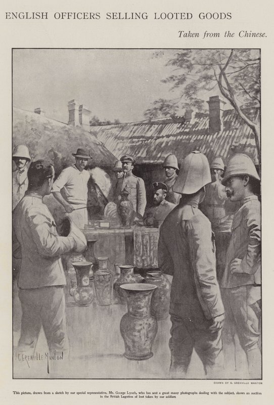 Engelske officerer, der sælger plyndrede varer taget fra kineserne under Boxer Rebellion (litho) af G. Grenville Manton