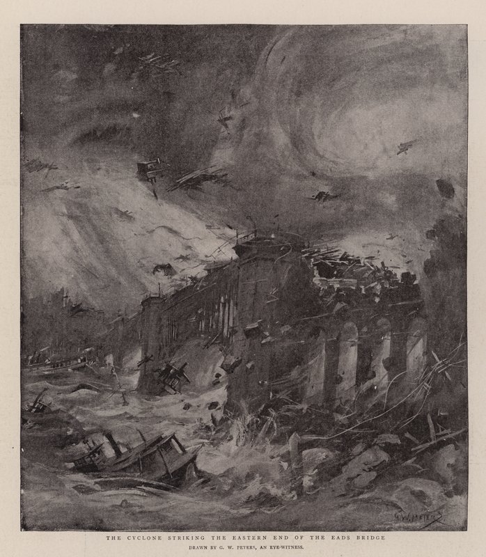 Cyklonen rammer den østlige ende af Eads Bridge af G. W. Peters