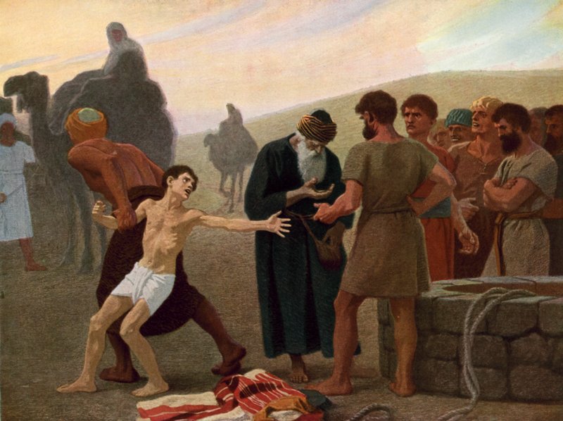 Joseph bliver solgt til slaveri af sine jaloux brødre, ca. 1940 (farve litho) af Gebhard Fugel