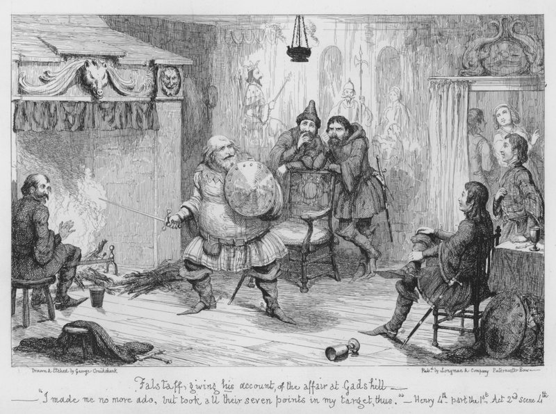 Falstaff giver sin beretning om affæren i Gadshill af George Cruikshank