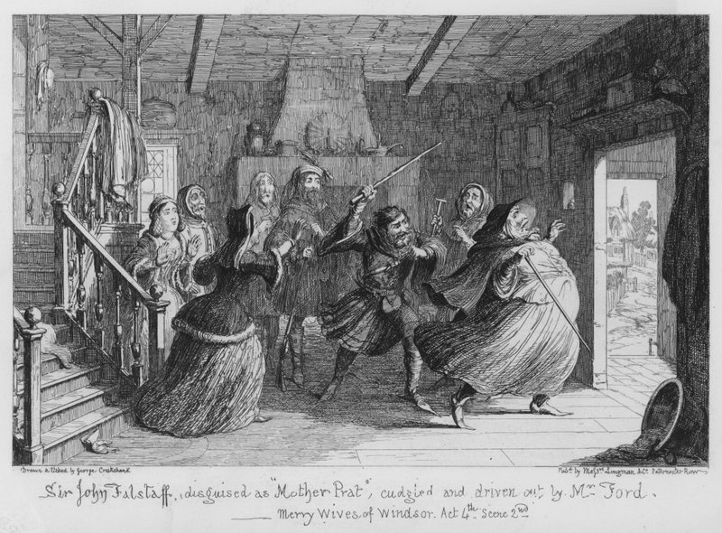 Sir John Falstaff, forklædt som Mother Prat, kælet og kørt ud af Mr. Ford af George Cruikshank