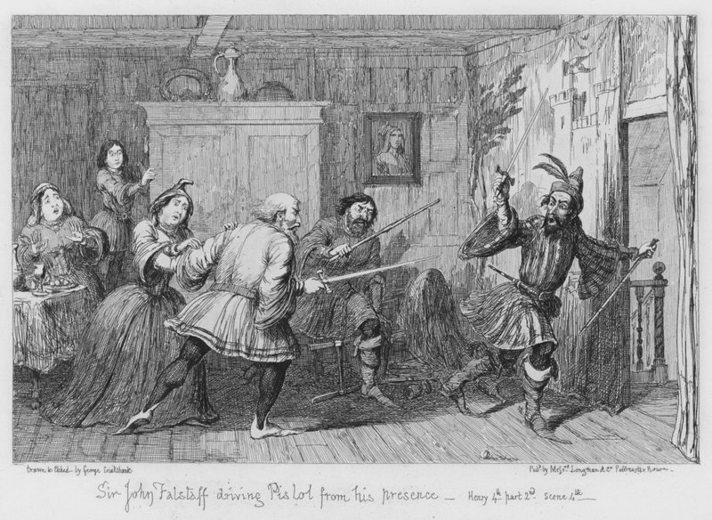Sir John Falstaff kører Pistol fra sin tilstedeværelse af George Cruikshank