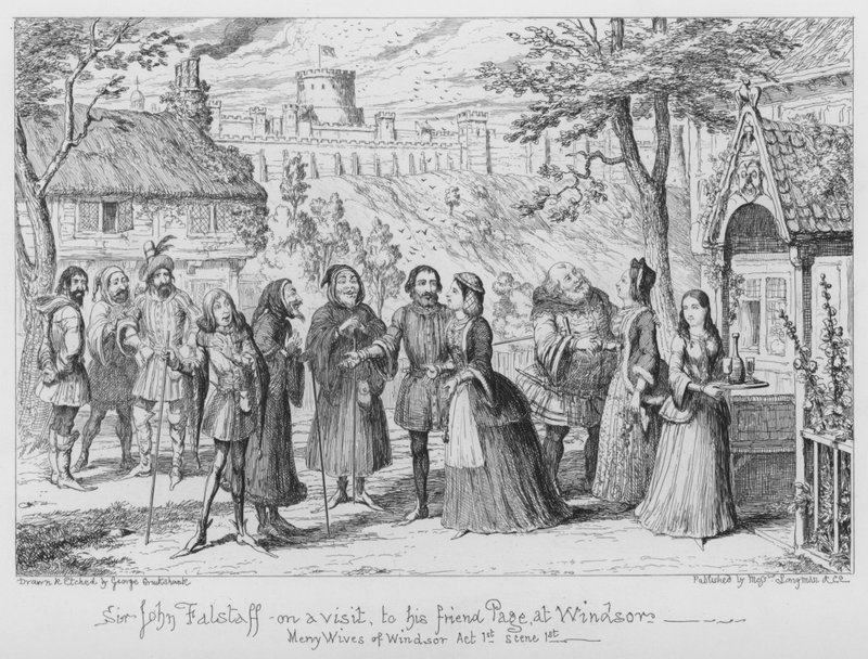 Sir John Falstaff på besøg hos sin ven Page i Windsor af George Cruikshank