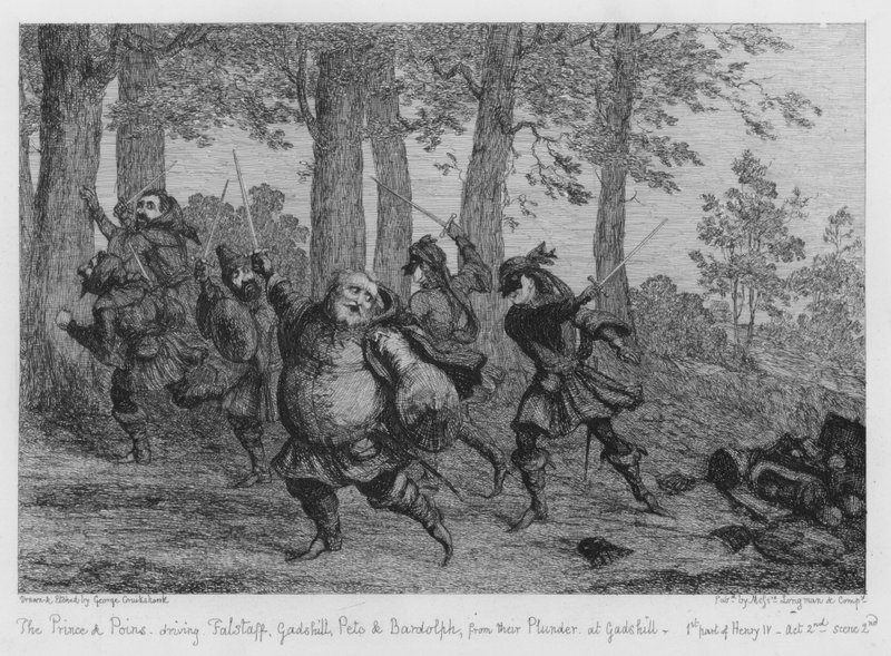 Prinsen og Poins driver Falstaff, Gadshill, Peto og Bardolph fra deres plyndring ved Gadshill af George Cruikshank