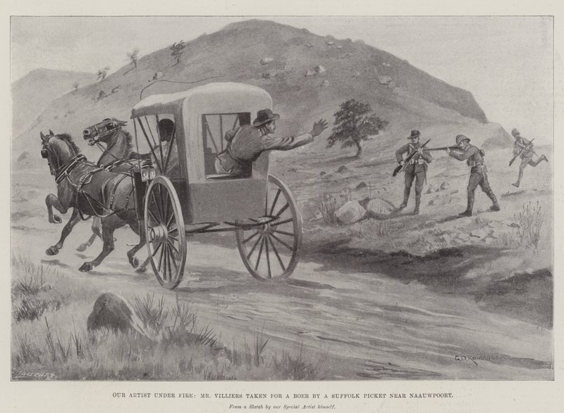 Vores kunstner under ild, hr. Villiers, taget for en orne af en Suffolk Picket nær Naauwpoort af George Derville Rowlandson