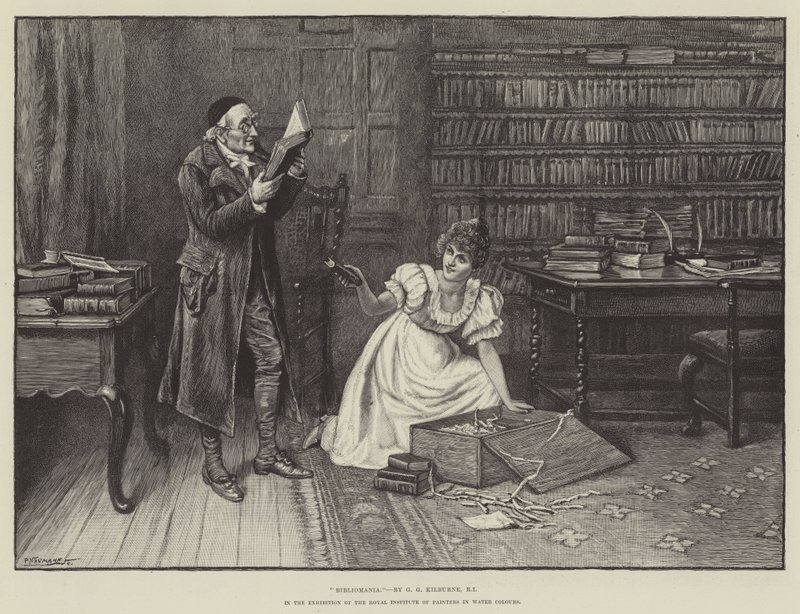 Bibliomania, i Udstillingen af Det Kongelige Institut for Malere i Vandfarver af George Goodwin Kilburne