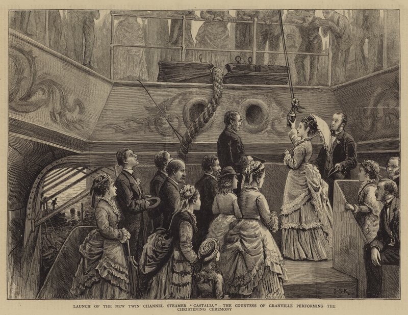 Søsætning af det nye tokanalsdamperfartøj Castalia, hvor grevinden af Granville forestod dåbsceremonien af George Goodwin Kilburne
