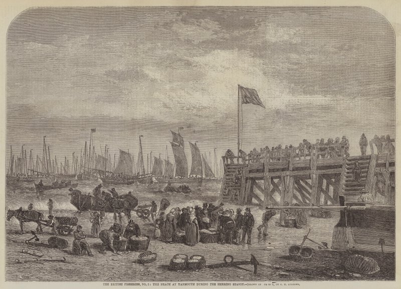 Det britiske fiskeri, nr. 2, stranden ved Yarmouth under sildesæsonen af George Henry Andrews