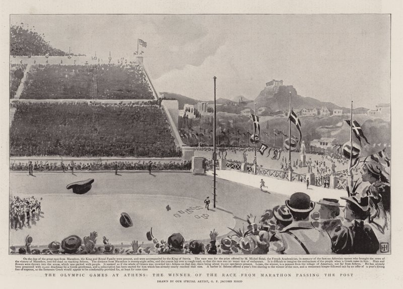 De olympiske lege i Athen, vinderen af løbet fra Marathon passerer posten af George Percy Jacomb Hood