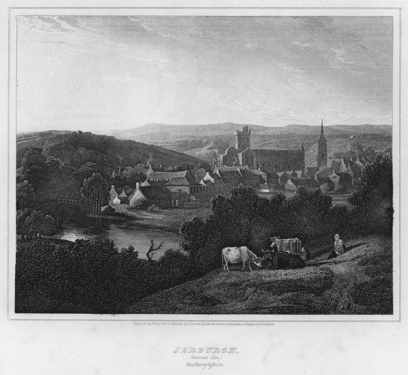 Jedburgh, generel udsigt, Roxburghshire (gravering) af George (after) Arnald
