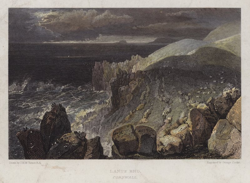 Lands End, Cornwall (farvet gravering) af George (after) Cooke