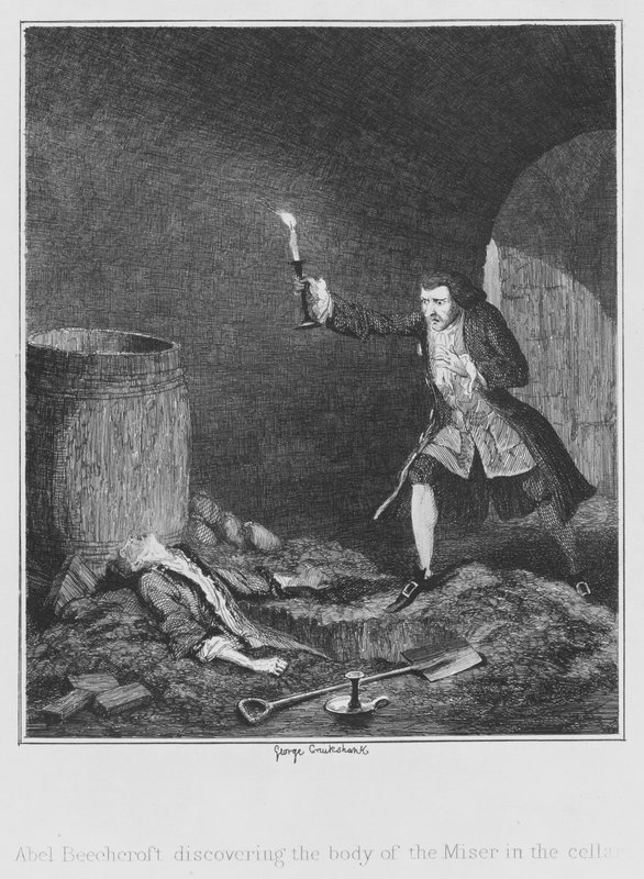 Abel Beechcroft opdager liget af gnieren i kælderen (gravering) af George (after) Cruikshank