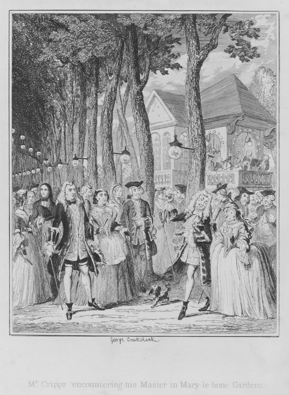 Mr Cripps møder sin mester i Mary-le-bone Gardens (gravering) af George (after) Cruikshank